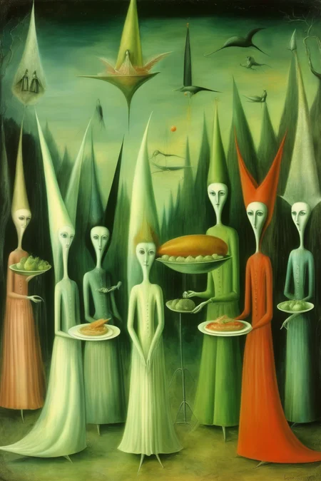<lora:Leonora Carrington Style:1>Leonora Carrington Style - Leonora Carrington surrealist angels Betty Crocker budget travel Roth hostel