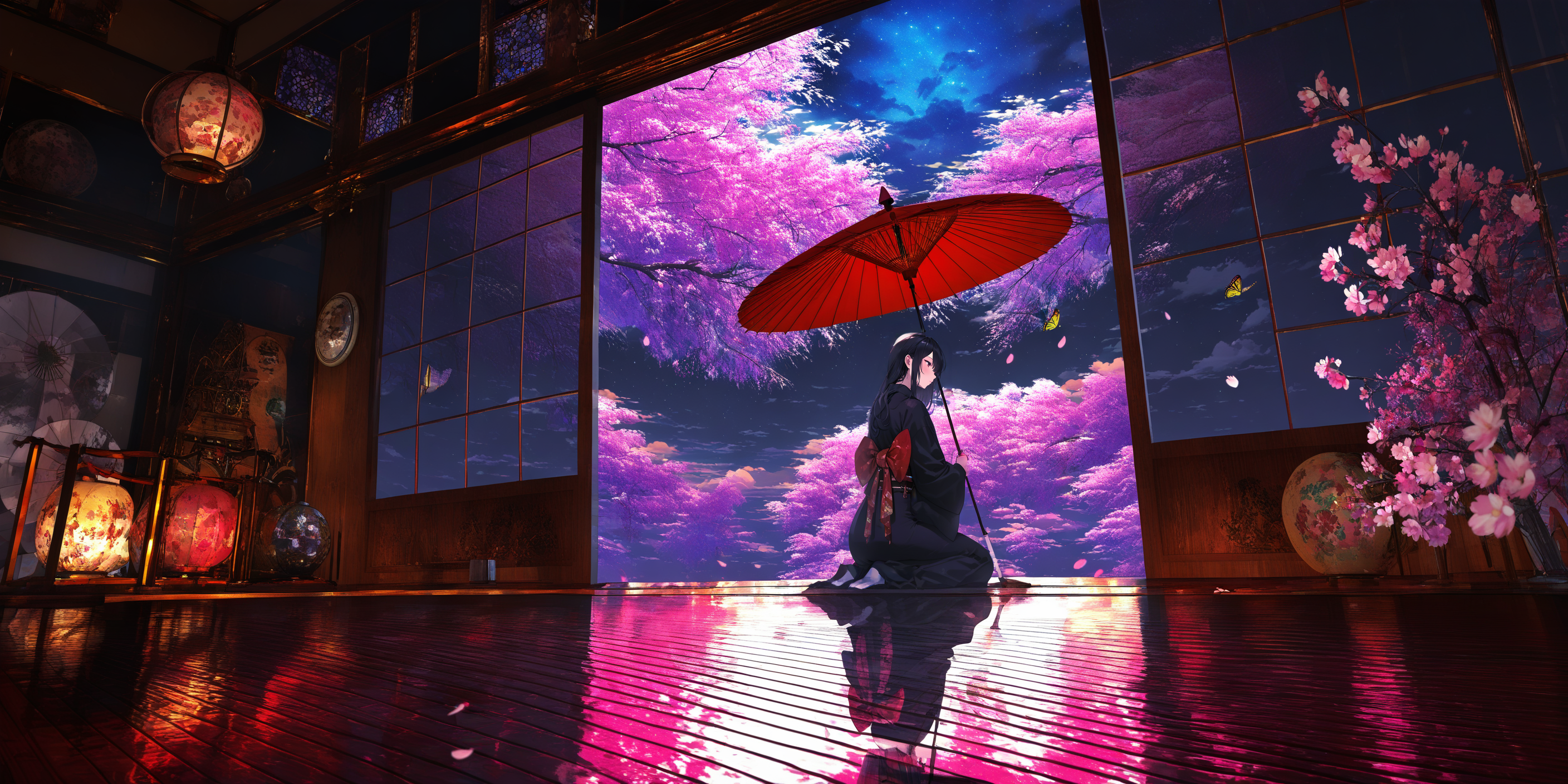 1girl, kimono, umbrella, japanese clothes, solo, butterfly, bug, oil-paper umbrella, petals, sitting, long hair, indoors, flower, seiza, reflection, sky, sash, obi, fox mask, mask, cloud, sliding doors, night, long sleeves, black hair, black kimono, cherry blossoms, architecture, holding, wooden floor, wide shot, star \(sky\) <lora:lifelineXL_NB11_lokr_V6311P:0.95>