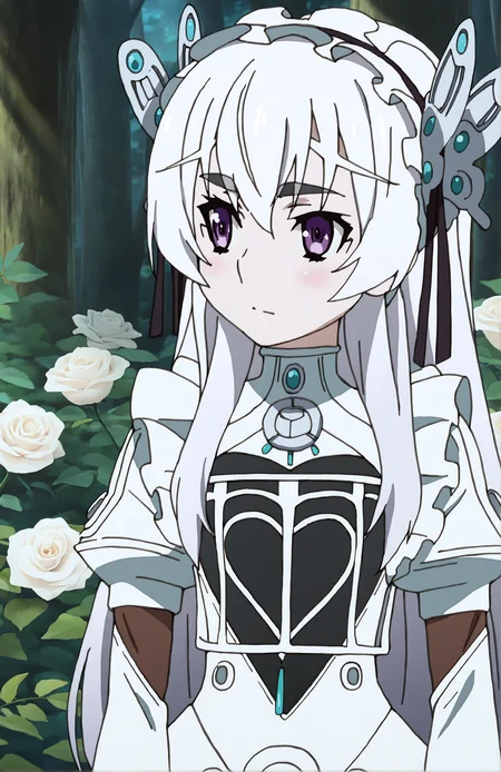 ChaikaTrabant, 1girl, solo, white hair, long hair, purple eyes, butterfly hair ornament, hair ribbon, lolita_hairband, white dress, brooch, puffy sleeves, long sleeves, sitting, black pantyhose, standing, portrait, forest
