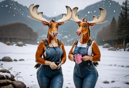 masterpiece, best quality, high resolution, source_johnnybravo, 1 girl, moose,1 male,(male human,hiker), realistic, dynamic angle,source_furry×human, cineppmatic, Snow hiking trails 
1 girl,becky moose, anthro moose, brown eyes, HUGE breasts, thick thighs,brown fur, LARGER female,large butt, jeans overalls 
1 male, human male, black hair, short height difference, bangs, hair over eyes, carrying hiking equipment, wearing hiking 🥾 shoes and clothes 
Scene:crisp mountain air bit at exposed skin as Becky moose, a creature of soft brown fur and undeniably generous curves, adjusted her ill-fitting overalls. The jean legs bunched awkwardly over her hooves, and the questionable shirt strained uncomfortably across her chest. She'd seen the hiker approaching – a splash of red against the blinding white of the snow-laden trail. He was small, bundled in layers, clearly unprepared for a close encounter of the moose kind, let alone this kind
Background:ruanyi0732,snowing,depth_of_field, mountain Forest, hiking trails