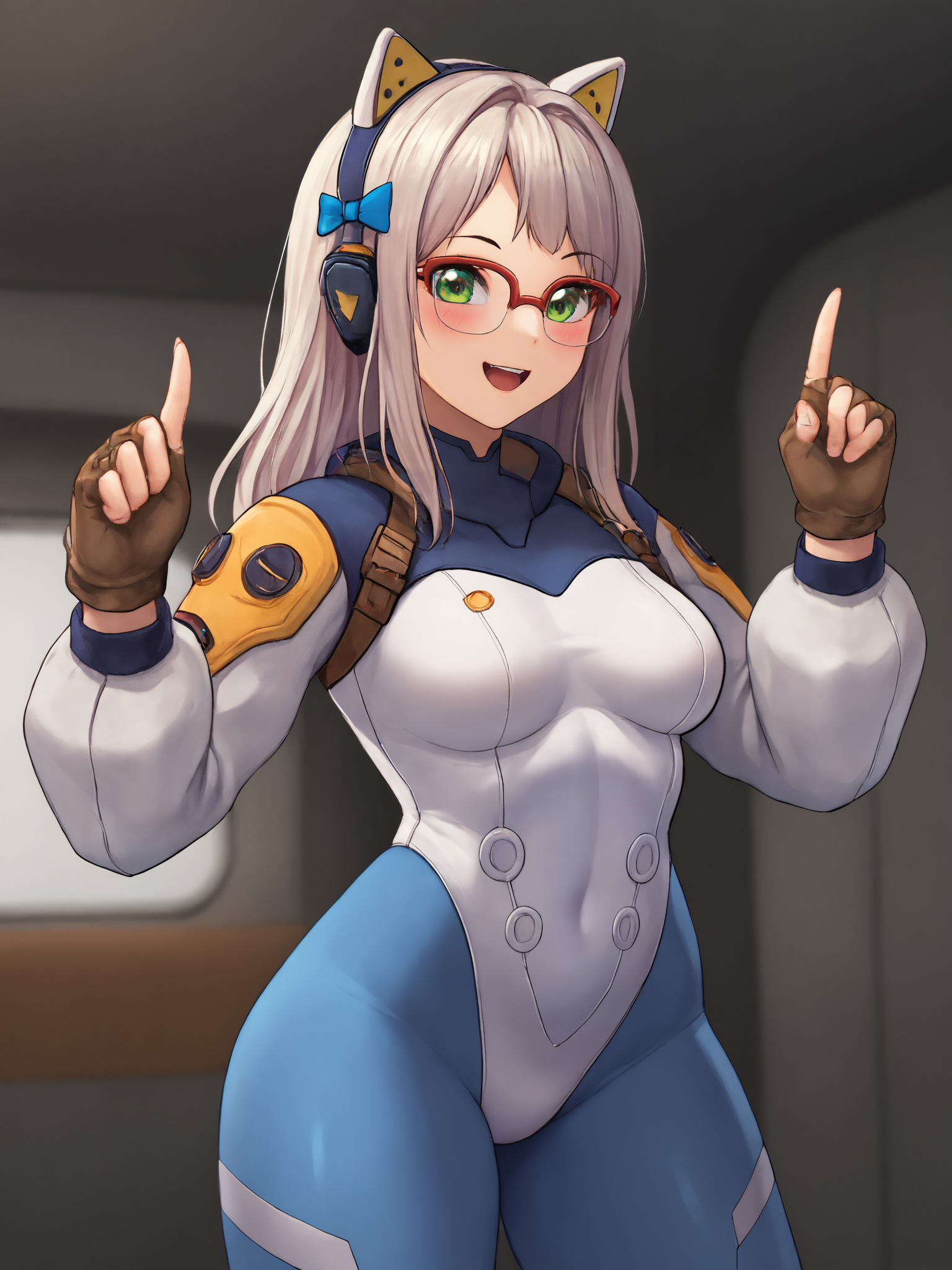 score_9, score_8_up, score_7_up, 1girl, solo, BREAK,
anis2ndannilivestream, (blue bodysuit:1.1), white leotard, shrug \(clothing\), long sleeves, black gloves, fingerless gloves, animal ear earphones, <lora:Anis_2nd_Anniversary_Livestream_Bodysuit:0.6>, BREAK,
neondef, green eyes, grey hair, bangs, long hair, glasses, hair bow, hairclip, small breasts, <lora:neon-nikke-richy-v1_pdxl:1>, BREAK,
excited, happy, smile, blush, raised fist, BREAK,
cowboy shot, indoors, spacecraft interior, space station, science fiction