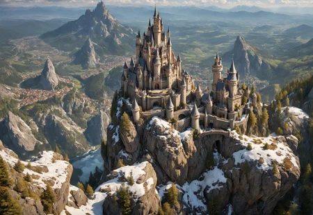 fairy tale castle on a (rock spire), mountain in background, best quality, masterpiece, illustration, realistic, photo-realistic, amazing, finely detail, incredibly absurdres, huge filesize, ultra-detailed, highres,