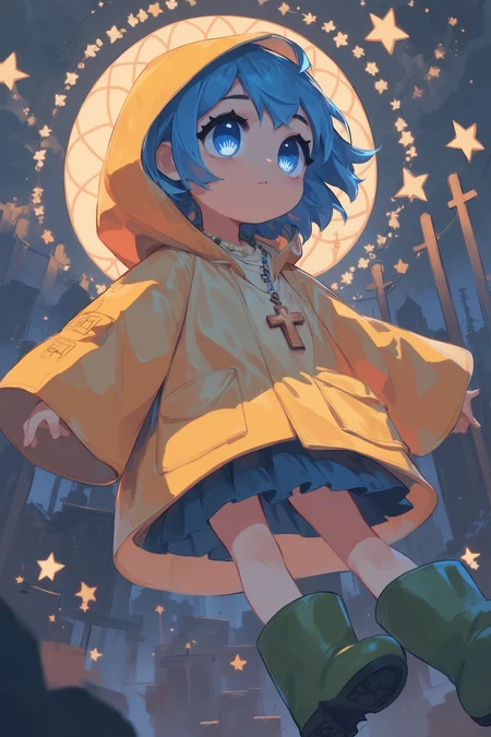 score_9, score_8_up, score_7_up, score_6_up, score_9, score_8_up, score_8, anime_source, 
Catholic icon of luce, 1girl, solo, cute girl, short blue hair, blue eyes, full body, boots, signature, yellow hood, colored necklace, saint lights, halo, 
<lora:luce_pony:1.0>,