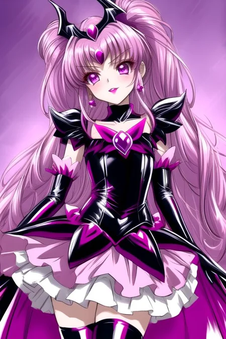 evil corrupted young princess wearing dark pastel (ruffled:1) (gleaming latex:1) EvlSM DarkPrecure Bad_End_Precure gown with (long latex cape:1) and latex elbow bridal gauntlets, (Perfect Face:1), soft lighting, glossy red lips, ruffles,