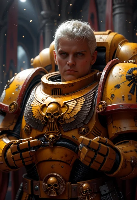 Prompt: Score_9_up, absurdres, source: Gamesworkshop, Rogal Dorn of the Imperial Fists Astartes chapter, muscular rugged cleanshaven man in Yellow armor and short white hair wearing, best quality, expressive eyes, perfect face, perfect anatomy, highly detailed, perfect hands, Warhammer 40K, space marine, mantisdetailerse, adddetails, MOVIE STILL
FILM STILL
CINEMATIC
CINEMATIC SHOT
CINEMATIC LIGHTING, ImperialF40K