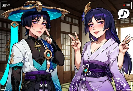 IllustriousQual, <lora:StS-Illustrious-Detail-Slider-v1.0:2> <lora:cfg_scale_boost:0.3> <lora:StS_Age_Slider_Illustrious_v1:3>,detailed_background,indoors,sash,open clothes,jewelry,spoken food,purple kimono,mandarin collar,layered kimono,shorts,viewfinder,short sleeves,string,looking back,feathers,bow,scaramouche \(kabukimono\) \(genshin impact\),eyeliner,hand up,smile,black bridal gauntlets,wanderer \(genshin impact\),open kimono,eggplant,black hair,white sleeves,bird,purple hair,shimenawa,scaramouche \(genshin impact\),vision \(genshin impact\),black bow,eyelid pull,layered sleeves,multiple boys,kimono,double v,red eyeliner,musical note,arm at side,yellow feathers,japanese clothes,blue gemstone,looking at viewer,hat,1boy,white trim,blunt ends,parted bangs,gold ring,tongue out,furisode,nagi \(marthmoka\),male focus,blue sleeves,v,genshin impact,closed mouth,tongue,hakama shorts,pleated shorts,index finger raised,makeup,blue hat,3boys,spoken musical note,han&