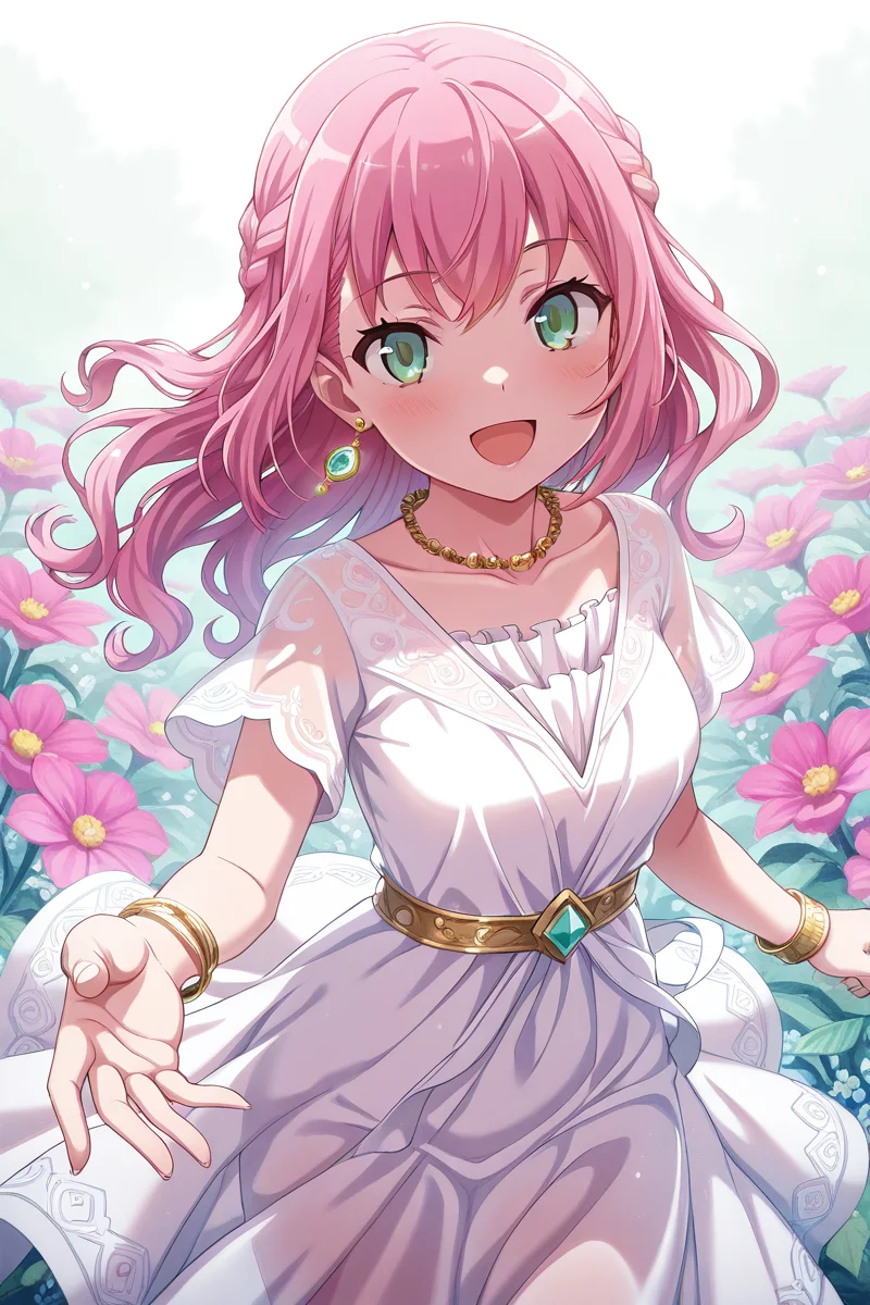 masterpiece, best quality, amazing quality,
<lora:Stella_IL:1> stella, 1girl, jewelry, solo, necklace, green eyes, pink hair, flower, open mouth, smile, looking at viewer, bracelet, white dress, jewelry, long hair, see-through, earrings, gem, short sleeves, braid, collarbone, :d