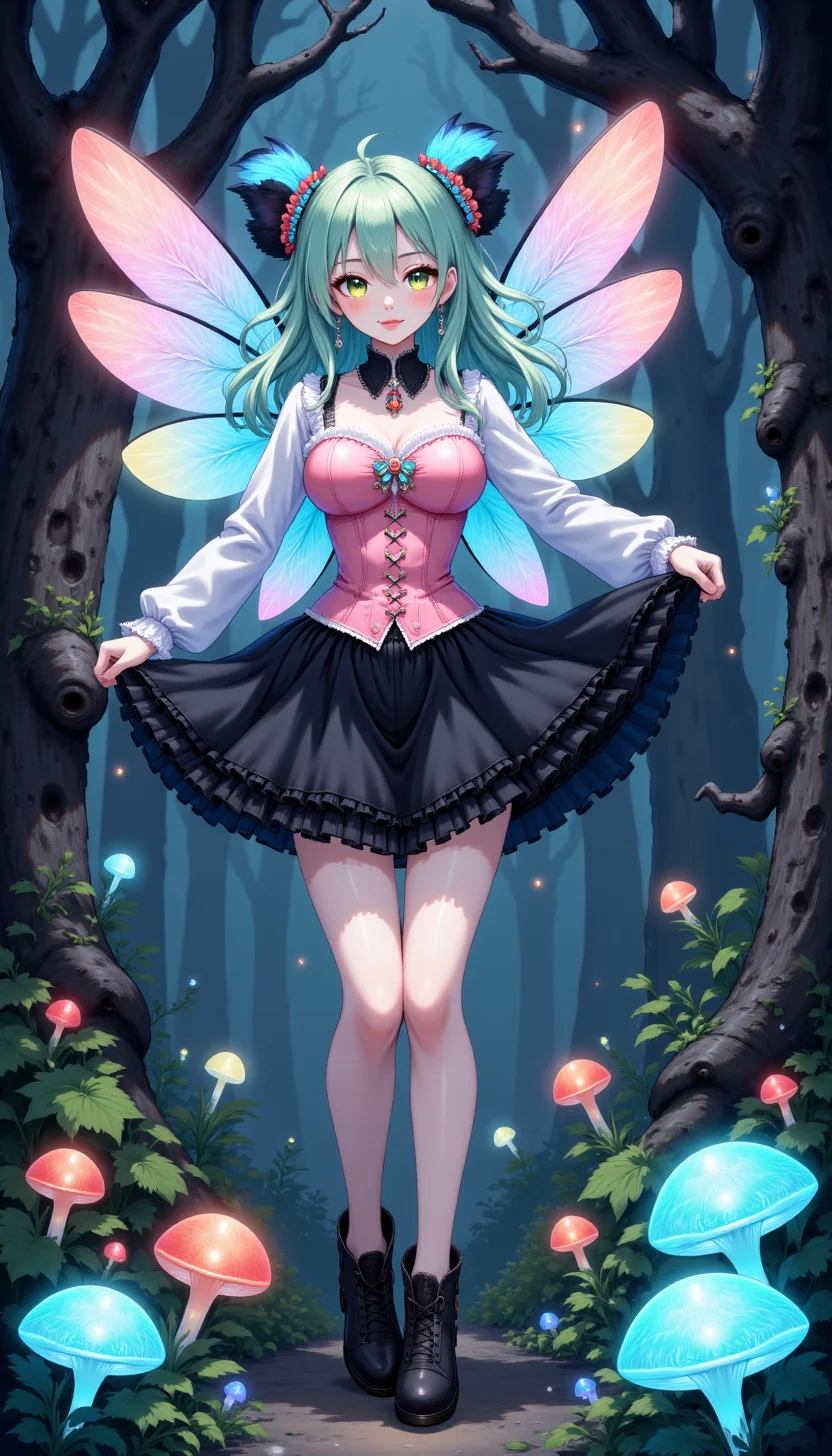 pinkmysticanime,
"Pastel Goth Fairy in an Enchanted Forest": A fairy with mint-green hair and translucent wings, wearing a pastel pink corset over a black tulle skirt, flutters among glowing mushrooms and twisted trees.