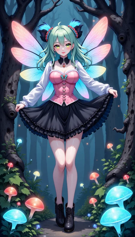 pinkmysticanime,
"Pastel Goth Fairy in an Enchanted Forest": A fairy with mint-green hair and translucent wings, wearing a pastel pink corset over a black tulle skirt, flutters among glowing mushrooms and twisted trees.