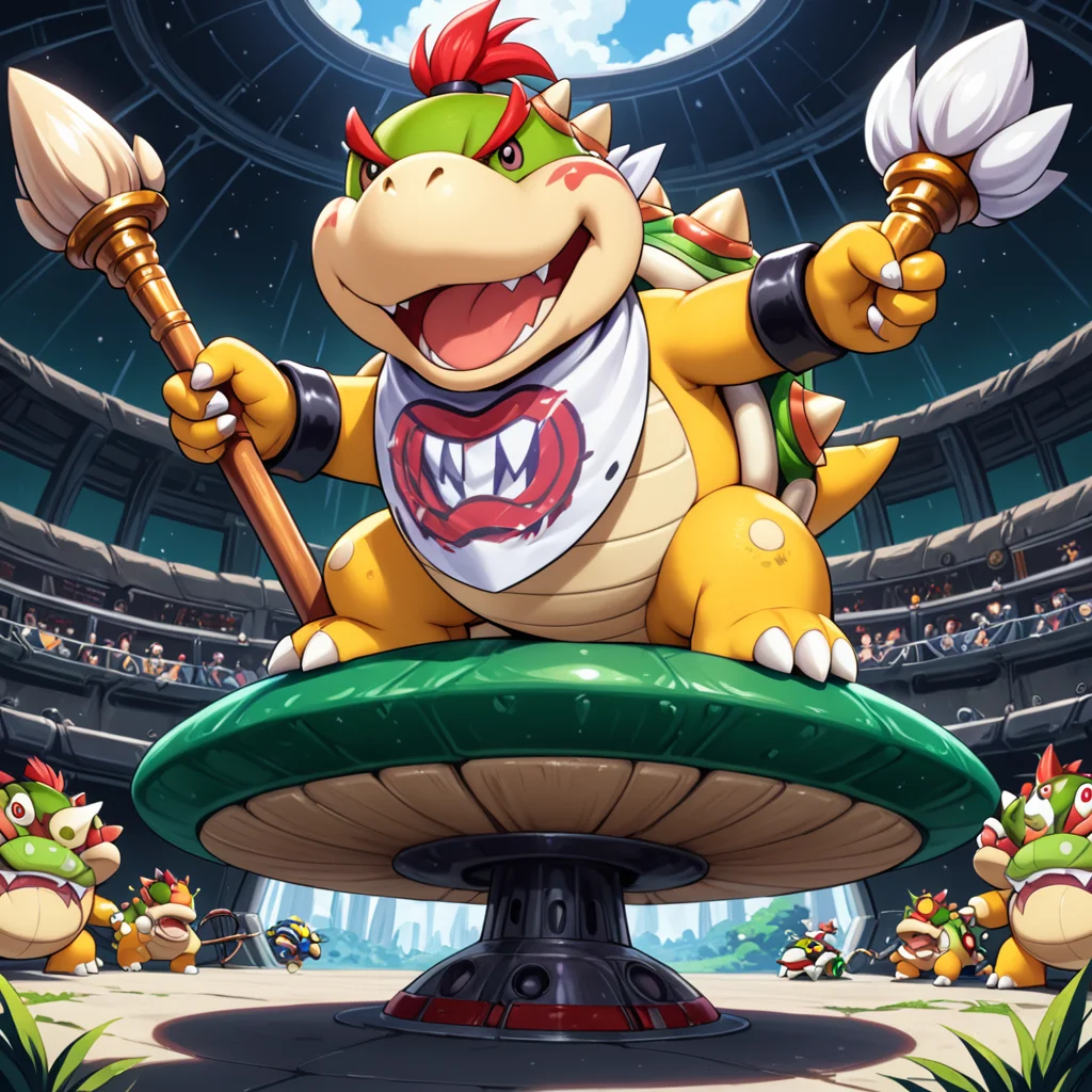 <lora:Bowser_Jr_XL:.7> bwsrjr, open mouth, teeth, standing on green cup ufo spiked, black pupils, bowser jr., holding BIG staff paintbrush,, (anime, masterpiece, intricate:1.3), (best quality, hires textures, high detail:1.2), (4k),(incredibly detailed:1.4),UHD, 8K, ultra detailedâââ