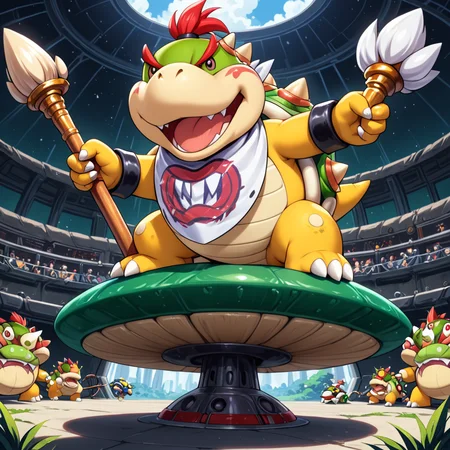 <lora:Bowser_Jr_XL:.7> bwsrjr, open mouth, teeth, standing on green cup ufo spiked, black pupils, bowser jr., holding BIG staff paintbrush,, (anime, masterpiece, intricate:1.3), (best quality, hires textures, high detail:1.2), (4k),(incredibly detailed:1.4),UHD, 8K, ultra detailedâââ