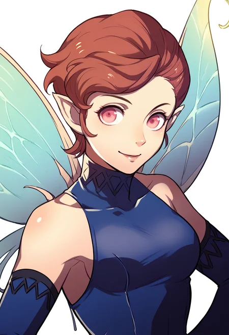 score_9, score_8_up, score_7_up, source_anime, 1girl, smile, <lora:zs_FE3HPortraitsXL:1> fe3hportraits, upper body, white background, <lora:PixieSMT-pdxl:1> pixieSMT, short hair, pointy ears, blue leotard, medium breasts, blue elbow gloves, fairy wings