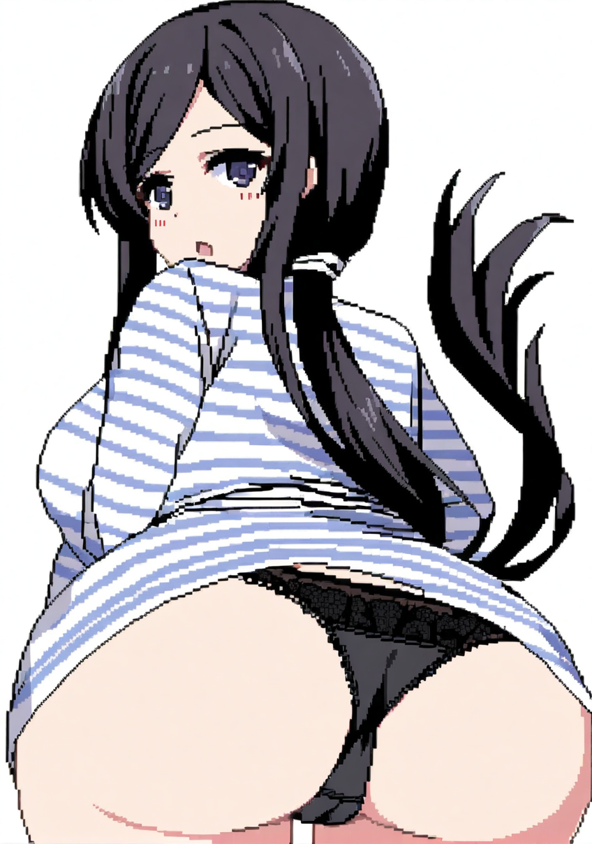 character: Kanae (å¶ç»), character: Kanae (å¶ç») clothes2, pixel art, 1girl, solo, simple background, white background, from behind, looking at viewer, looking back, long hair, black hair, open mouth, white striped shirt, low ponytail, ass, breasts, long sleeves, black panties, no pants, lace trim<lora:summer memories v8.3 (å¤æè£æ­£ååå¾ç¿»è½¬)-000005:1>