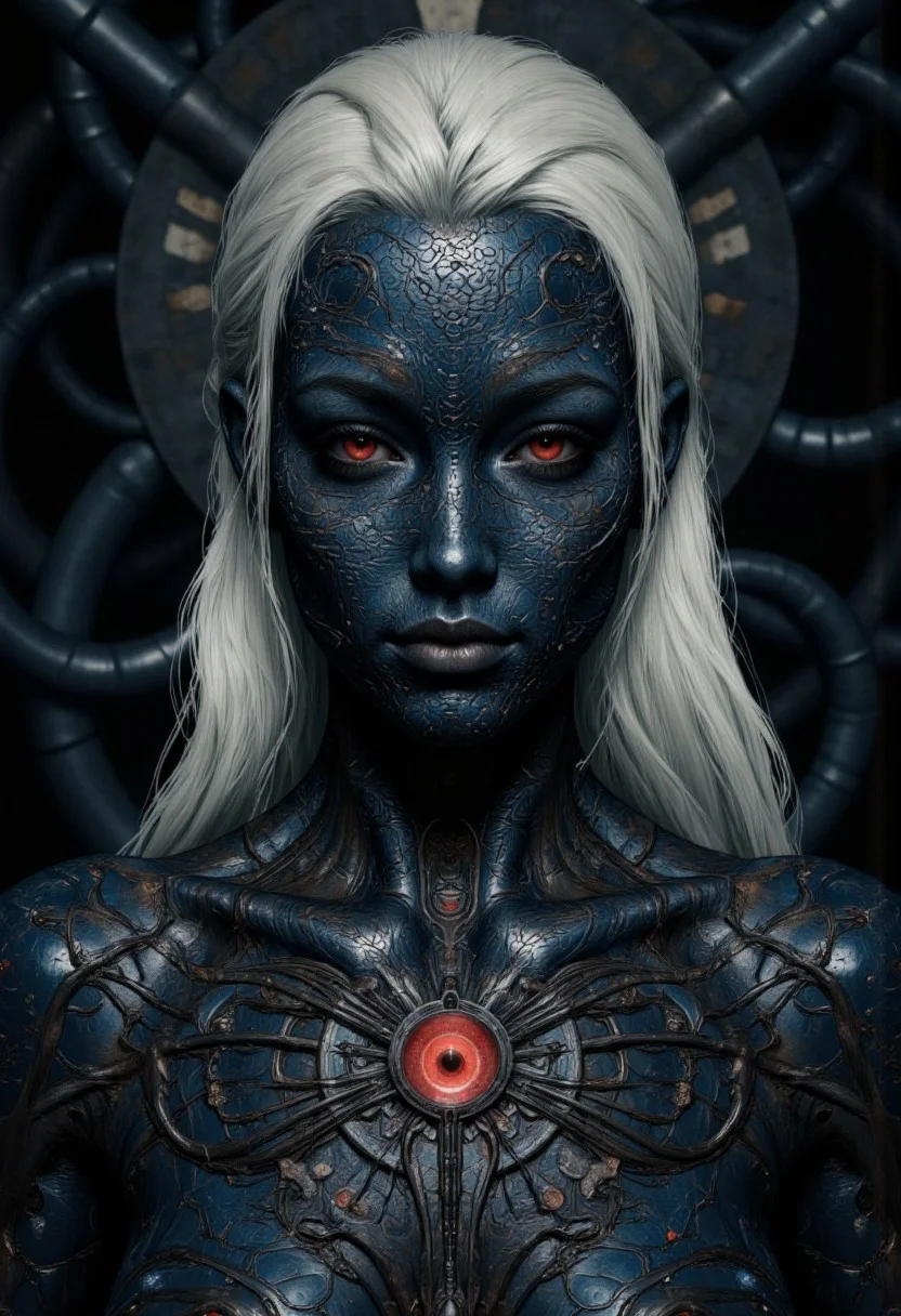 An extreme closeup portrait for an enigmatic and otherworldly woman with intricately textured metallic skin, their face and body adorned with elaborate biomechanical patterns that ripple like living armor. The figure's piercing crimson eyes glow with an intense, otherworldly energy, contrasting sharply with the cool, dark tones of their neck and face. Long, silver-white hair cascades down their back, enhancing their ethereal and alien appearance. The dimly lit, shadowy background emphasizes their enigmatic presence, evoking a sense of mystery and power.