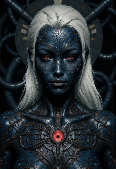 An extreme closeup portrait for an enigmatic and otherworldly woman with intricately textured metallic skin, their face and body adorned with elaborate biomechanical patterns that ripple like living armor. The figure's piercing crimson eyes glow with an intense, otherworldly energy, contrasting sharply with the cool, dark tones of their neck and face. Long, silver-white hair cascades down their back, enhancing their ethereal and alien appearance. The dimly lit, shadowy background emphasizes their enigmatic presence, evoking a sense of mystery and power.