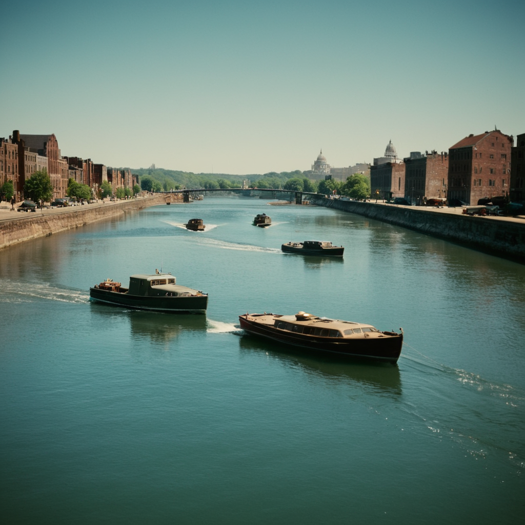 cinematic film still of  <lora:1940's style:1>
In the 1940's a couple of boats that are in the water,outdoors,sky,day,blue sky,no humans,border,ground vehicle,building,scenery,city,cityscape,watercraft,black border,bridge,real world location  ,realistic,realism,perfection,perfect,filmic,retro,vintage,classic,different haircut,different look,different style,1940's style , 1940 style, shallow depth of field, vignette, highly detailed, high budget, bokeh, cinemascope, moody, epic, gorgeous, film grain, grainy