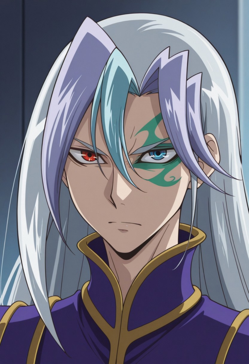 masterpiece,best quality,amazing quality, source_anime, 
chrisArclight, 1boy, male focus, solo, heterochromia, red eyes, blue eyes, green facial tattoo, multicolored hair, grey hair, blue hair, long hair, coat, purple coat,  portrait,