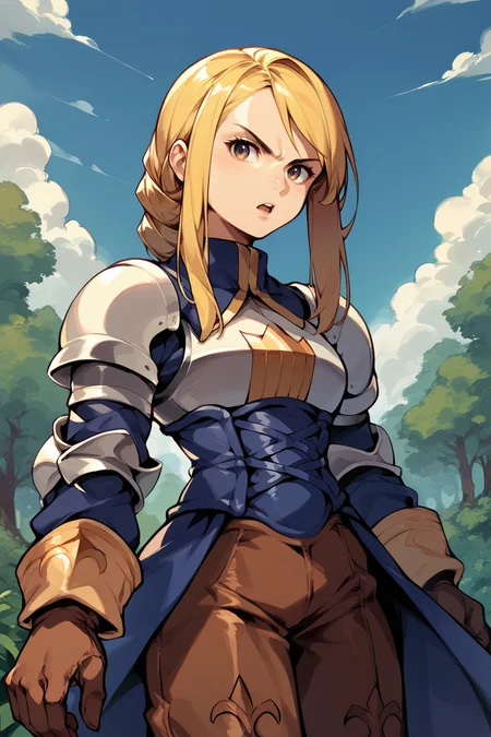 score_9, score_8_up, score_7_up, score_6_up, source_anime, 1girl, solo BREAK  <lora:agrias-pdxl-nvwls-v1-000005:1> agrias, blonde hair, braided ponytail, shoulder armor, armor, corset, brown pants, brown gloves, knee pads, serious, furrowed brow, open mouth, cloudy, outdoors, forest