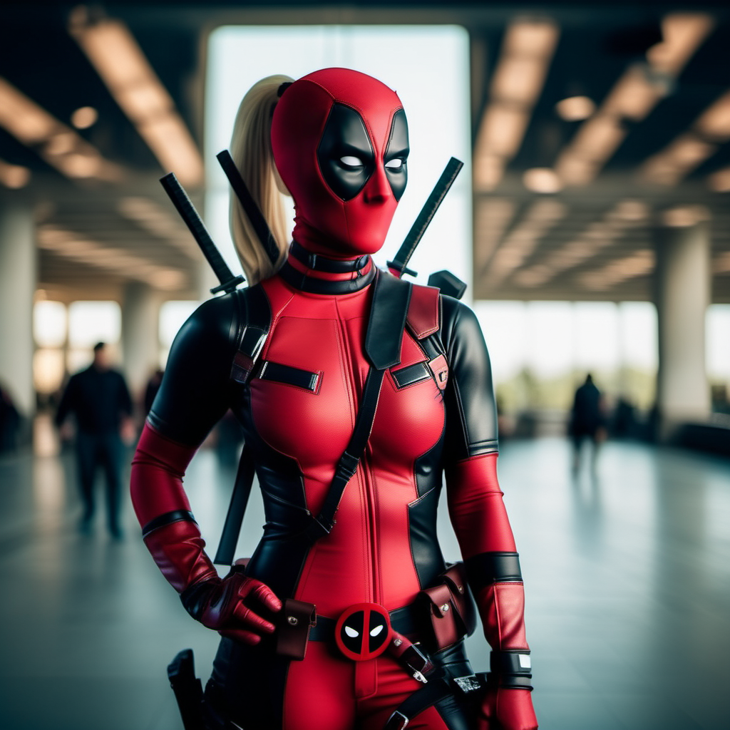 cinematic photo full body portrait lady deadpool, unmasked,  blond hair, body suit <lora:LDP1024:0.8> . 35mm photograph, film, bokeh, professional, 4k, highly detailed