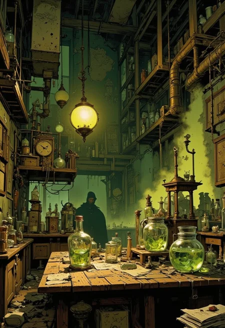 trashpunk, futuristic laboratory, steampunk style, intricate machinery, glowing green liquids, eerie green light, large glass bottles, various scientific instruments, old-fashioned clock, wooden table cluttered with jars and containers, medieval-style lantern hanging from the ceiling, dimly lit, shadowy figure in the background, gothic atmosphere, detailed textures, metal pipes, glassware, parchment papers, scattered notes, laboratory equipment, mysterious ambiance, dark green and yellow color scheme, intricate designs, sci-fi elements, fantasy setting, old books on shelves, foggy background, industrial aesthetic, magical potions, alchemy theme, intricate glasswork, fantasy art, detailed illustration, sci-fi art, atmospheric, mysterious, detailed background, dark and moody, intricate details, gothic fantasy, detailed artwork, imaginative, surreal, mysterious laboratory, eerie glow, dark fantasy, intricate machinery, steampunk elements, detailed illustration, gothic art, atmospheric scene, sci-fi fantasy, detailed textures, intricate designs, gothic elements, mysterious atmosphere, dark and moody, detailed artwork, intricate details, gothic fantasy, imaginative, surreal, mysterious laboratory, eerie glow, dark fantasy, intricate machinery, steampunk elements, detailed illustration, gothic art, atmospheric scene, sci-fi fantasy, detailed textures, intricate designs,