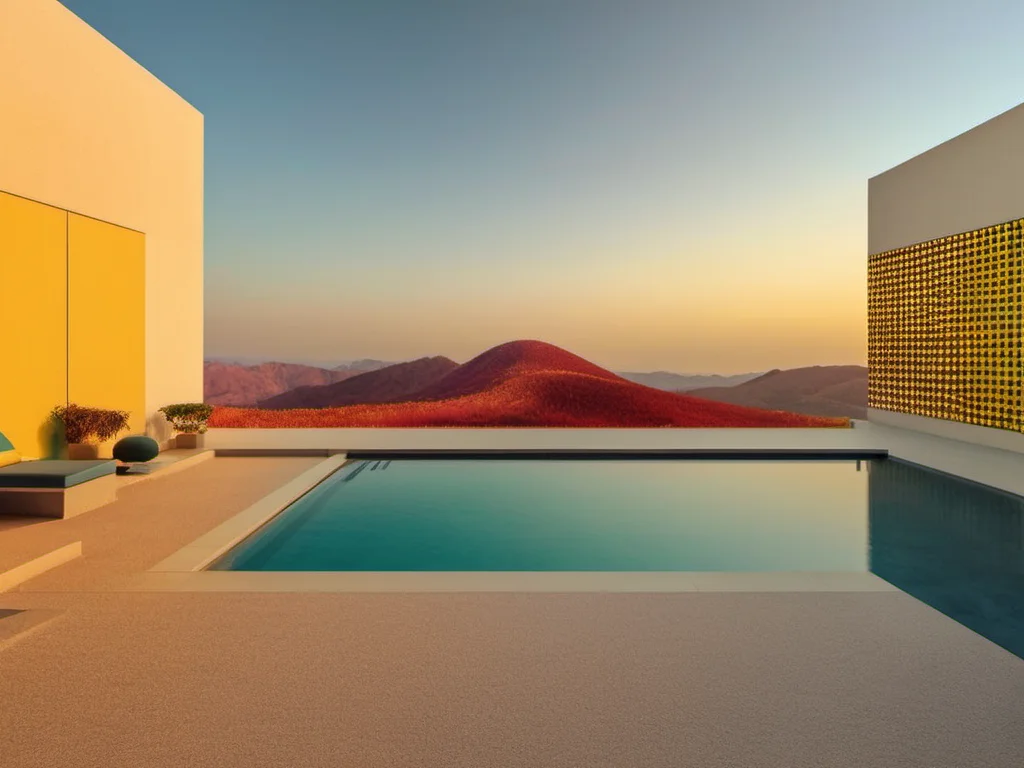 <lora:FictionInterior:0.7>, Interior, sky, mountains, wide view, Meranti color scheme, tiled walls, high dynamic range, golden hour, scenery, carpet, minimalism, vintage color, swimming pool