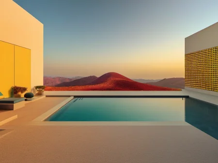 <lora:FictionInterior:0.7>, Interior, sky, mountains, wide view, Meranti color scheme, tiled walls, high dynamic range, golden hour, scenery, carpet, minimalism, vintage color, swimming pool