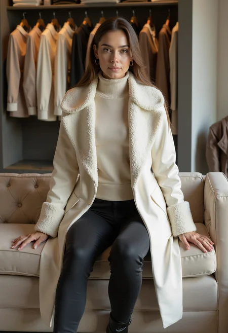 full body shot, beautiful woman, clo023, wearing a closed longline cream coat, shearling collar and cuffs, belted at the waist, sweater, black trousers, boots, sitting on a couch in a detailed fashion store,