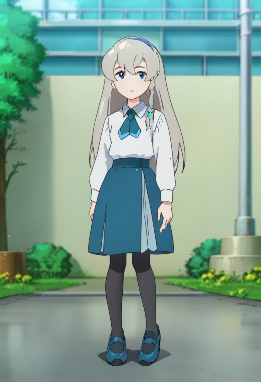 score_9, score_8, score_7_up, source_anime, anime_coloring, anime_screenshot, rating_safe
PKMNRegina, 1girl, long hair, grey hair, bangs, braid, side braid, single braid, hairband, blue hairband, blue eyes, white shirt, collared shirt, school uniform, necktie, blue necktie, long sleeves, skirt, blue skirt, pantyhose, shoes, blue footwear,
