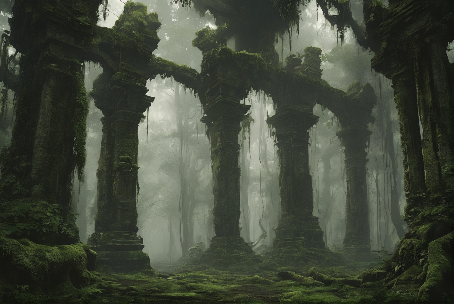 gloomy,<lora:gloomyXL:0.7>,A dense and shadowy primeval jungle where the sunlight struggles to pierce through the thick canopy of ancient trees. The air is heavy with humidity,and the ground is covered in layers of moss and fallen leaves,making each step soft and nearly soundless. Amidst the towering trees,you come across the remains of a sinister magical site. Crumbling stone pillars are adorned with eerie symbols,half-obscured by overgrown vines and tangled roots. Faint whispers seem to emanate from the surroundings,as if the very forest is alive with secrets. Strange and ominous energy lingers in the air,giving the impression that dark sorcery was once practiced here,leaving behind an unsettling aura that permeates the entire jungle.,