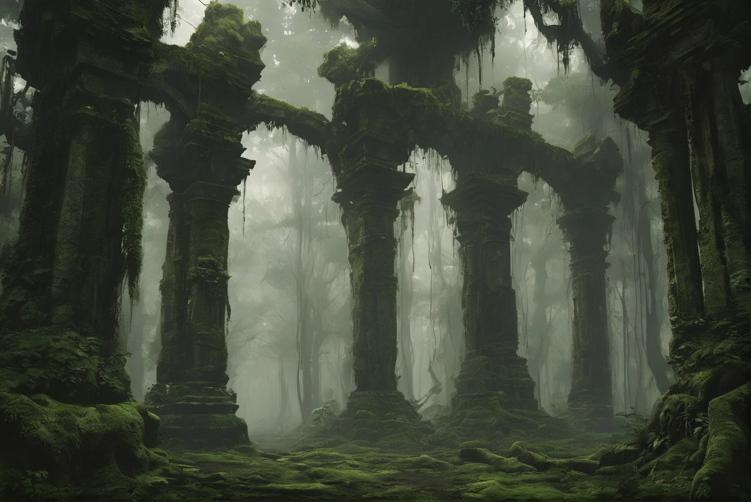 gloomy,<lora:gloomyXL:0.7>,A dense and shadowy primeval jungle where the sunlight struggles to pierce through the thick canopy of ancient trees. The air is heavy with humidity,and the ground is covered in layers of moss and fallen leaves,making each step soft and nearly soundless. Amidst the towering trees,you come across the remains of a sinister magical site. Crumbling stone pillars are adorned with eerie symbols,half-obscured by overgrown vines and tangled roots. Faint whispers seem to emanate from the surroundings,as if the very forest is alive with secrets. Strange and ominous energy lingers in the air,giving the impression that dark sorcery was once practiced here,leaving behind an unsettling aura that permeates the entire jungle.,