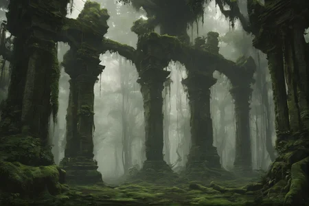 gloomy,<lora:gloomyXL:0.7>,A dense and shadowy primeval jungle where the sunlight struggles to pierce through the thick canopy of ancient trees. The air is heavy with humidity,and the ground is covered in layers of moss and fallen leaves,making each step soft and nearly soundless. Amidst the towering trees,you come across the remains of a sinister magical site. Crumbling stone pillars are adorned with eerie symbols,half-obscured by overgrown vines and tangled roots. Faint whispers seem to emanate from the surroundings,as if the very forest is alive with secrets. Strange and ominous energy lingers in the air,giving the impression that dark sorcery was once practiced here,leaving behind an unsettling aura that permeates the entire jungle.,
