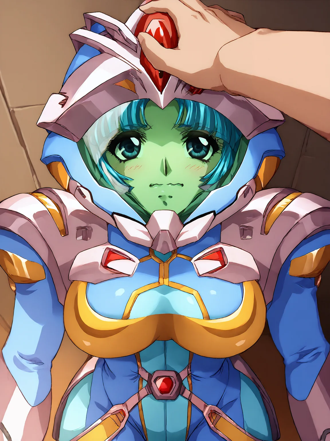 score_9, score_8_up, score_7_up, <lora:offset_0.2:0.1>, <lora:spo_sdxl_10ep_4k-data_lora_webui:1>, BREAK,
1girl, solo, BREAK,
srw_kusuha, large breasts, blue hair, parted bangs, short hair, blue eyes, <lora:srw_kusuha:1>, BREAK,
srwbluepilotsuit, blue bodysuit, pauldrons, wrist guards, metal belt, grey armor, (helmet, assault visor, green-tinted eyewear, wearing helmet:1.8), <lora:Pilot_suit__Super_Robot_Wars:1>, BREAK,
embarrassed, blush, wavy mouth, looking at viewer, standing, BREAK,
1boy, pov hands, clothed female nude male, headpat, <lora:Headpat_XLPD:1>,BREAK,
from above, indoors