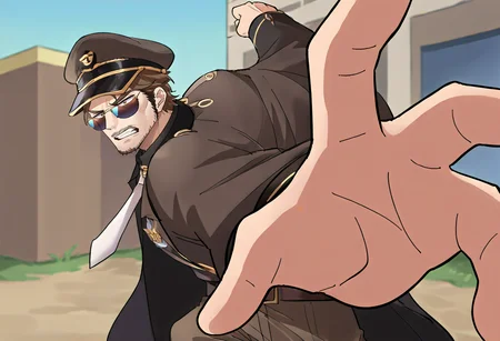 source_9,source_8_up,source_7_up,jeloandersen,solo,mature male,IncrsPunchMeme,incoming punch,peaked cap,sunglasses,black coat,brown hair,facial hair,military uniform,white necktie,brown jacket,belt,brown pants,angry,<lora:Andersen-JeloXL:0.9>,<lora:PepePunchMeme_XLPD:0.8>,