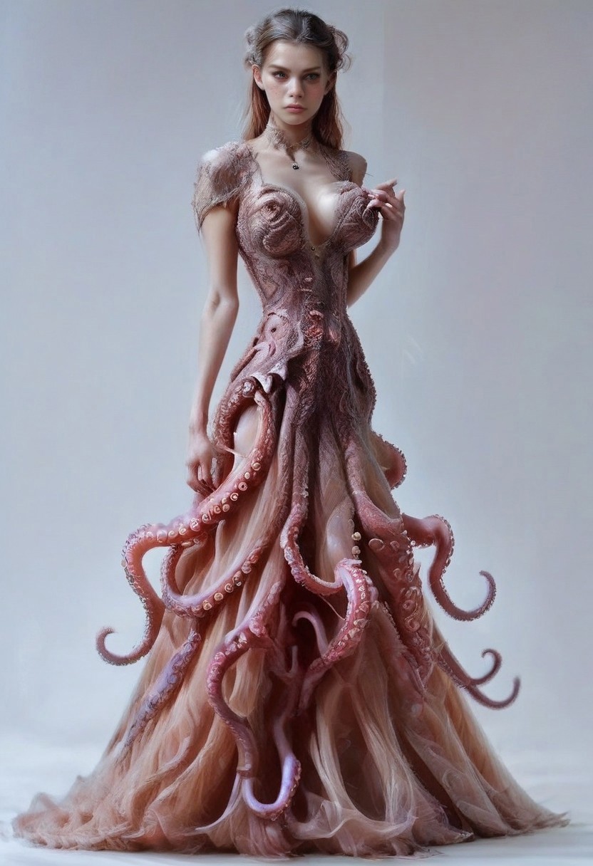safe_pos, score_9, score_8_up, score_7_up, rating_safe, concept art, semi-realistic, 1girl, solo.
Young beautiful face, fit body, Sexy face, Sexy body, Proportion body. (Big breast:1.2), (Round breast:1.2), 

TentacleDress. (Tentacles:1.5). 
(Long dress:1.5).

((Full body)), (((Stay))).