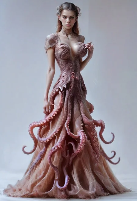 safe_pos, score_9, score_8_up, score_7_up, rating_safe, concept art, semi-realistic, 1girl, solo.
Young beautiful face, fit body, Sexy face, Sexy body, Proportion body. (Big breast:1.2), (Round breast:1.2),
TentacleDress. (Tentacles:1.5).
(Long dress:1.5).
((Full body)), (((Stay))).