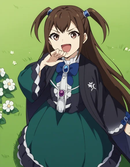 score_9, score_8_up, score_7_up, source_anime, <lora:kizuna-kazayama-s2-ponyxl-lora-nochekaiser:1>, kizuna kazayama, long hair, brown hair, brown eyes, two side up,, long sleeves, dress, bow, frills, wide sleeves, bowtie, cape, blue bow, brooch, green dress, black cape,, meadow, grass, flowers, open, sunlight, , <lora:ojou-sama-pose-ponyxl-lora-nochekaiser:1>, ojou-sama pose, laughing, smug, hand to own mouth, open mouth,, looking at viewer, solo,, dutch angle, cowboy shot