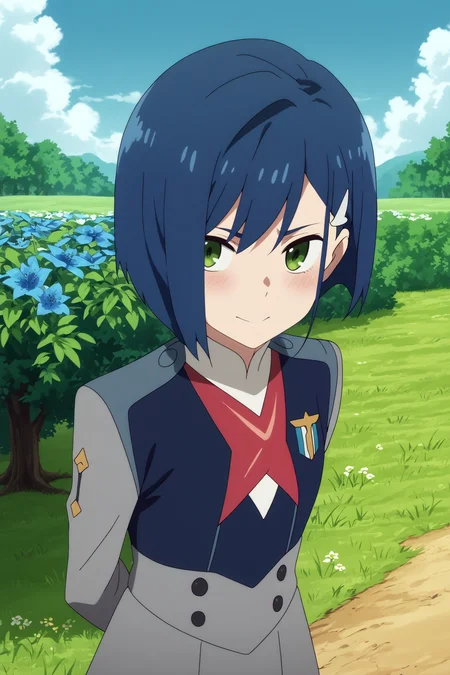 ichigo,1girl,solo,short hair,uniform,military_uniform,military,hair ornament,hairclip,looking at viewer,light smile,arms_behind_back,from_above BREAK outdoors,blue sky,cloudy_sky,blue flower,blue theme,tree with blue flowers <lora:Ichigo_-_Darling_in_the_franxx.safetensors:0.8> <lora:detailed_backgrounds_v2.safetensors:0.5>
