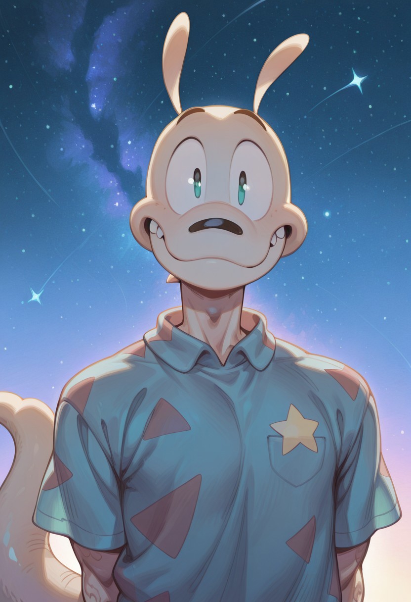 male, males only, male focus, Rocko, tail ( muscular,), looking at viewer, upper body, star (symbol), solo, shirt, star (sky), happy, 6l005, masterpiece, very aesthetic, absurdres