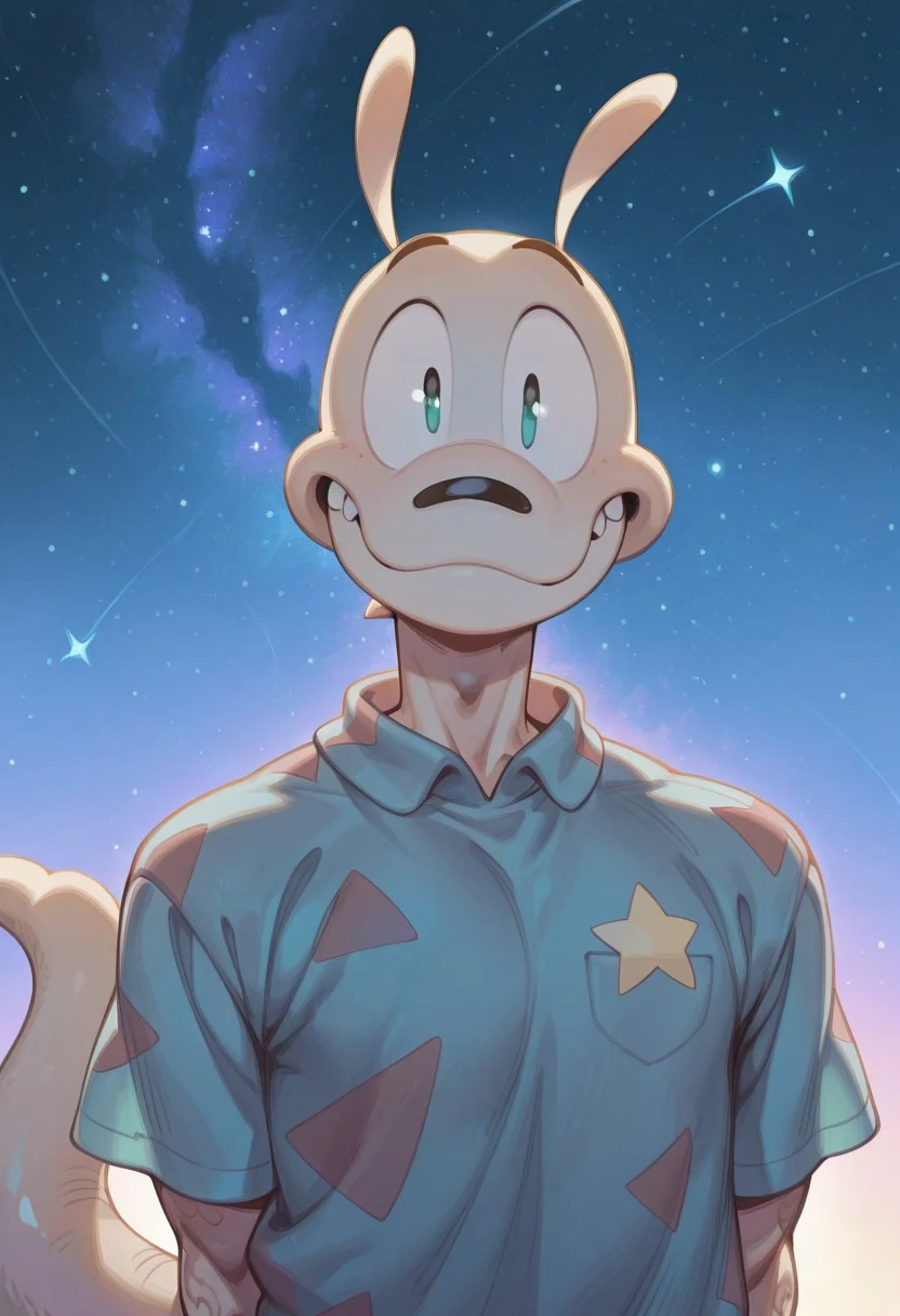 male, males only, male focus, Rocko, tail ( muscular,), looking at viewer, upper body, star (symbol), solo, shirt, star (sky), happy, 6l005, masterpiece, very aesthetic, absurdres