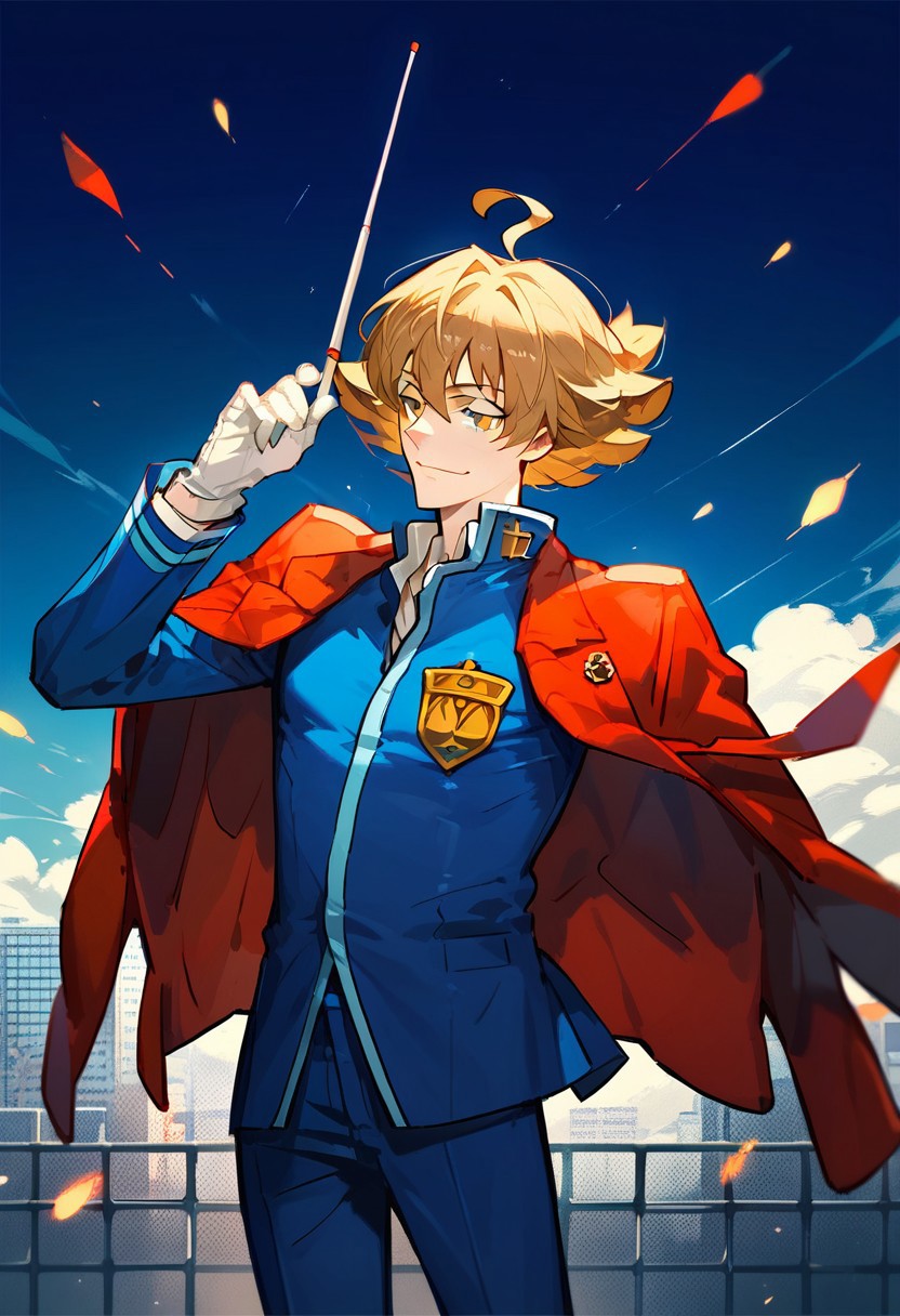 score_9, score_8_up, score_7_up, source_anime, Eustace Winner,solo,smile,gloves,long sleeves,1boy,holding,school uniform,standing,jacket,male focus,cowboy shot,pants,white gloves,gradient,red jacket,outline,jacket on shoulders,emblem,blue pants,badge,baton \(conducting\),