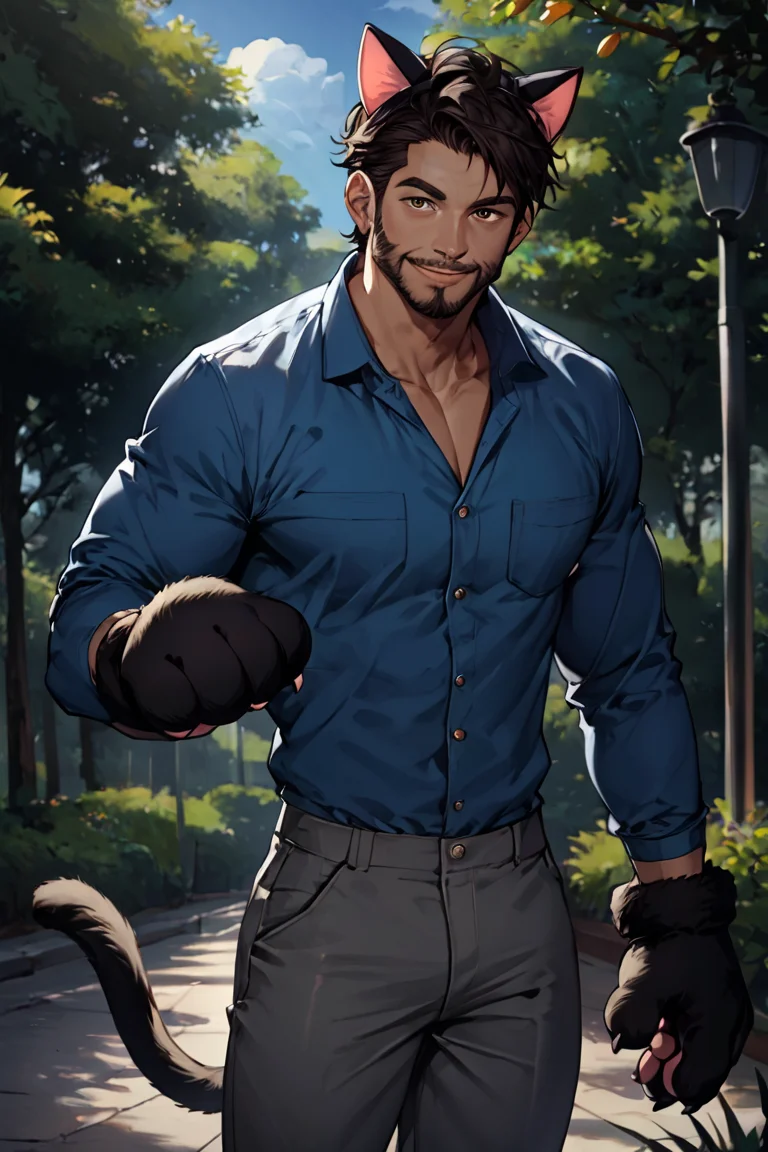 score_9, score_8_up, score_7_up, rating_safe, short hair, black hair, brown eyes, facial hair, beard, blue shirt, collared shirt, long sleeves, grey pants, fake animal ears, animal ears, cat ears, paw gloves, cat paws, paw pose, smile, 1boy, solo, male focus, mature male, looking at viewer, cowboy shot, standing, outdoors, park, sunlight <lora:MatureMaleMix v1.4 Dark Style LoRA_Pony XL v6:1>
