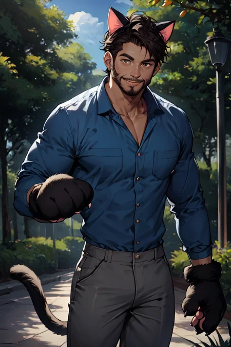 score_9, score_8_up, score_7_up, rating_safe, short hair, black hair, brown eyes, facial hair, beard, blue shirt, collared shirt, long sleeves, grey pants, fake animal ears, animal ears, cat ears, paw gloves, cat paws, paw pose, smile, 1boy, solo, male focus, mature male, looking at viewer, cowboy shot, standing, outdoors, park, sunlight <lora:MatureMaleMix v1.4 Dark Style LoRA_Pony XL v6:1>