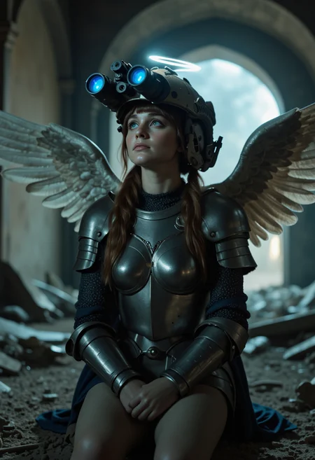 cinematic still of an angel, wearing a modern military helmet equipped with night vision goggles The helmet has a camouflage pattern and is equipped with communication equipment, nightvision two tubes with blue lenses above her eyeline, with large unfurled wings and innocent face, slowly looking up hopelessly, wearing knight's plate armor, pitch black night the only light from her emanating from her halo, in a collapsed chapel with caved in ceiling, kneeling, depth of field, ambient lighting, dust particles, ponytail with bangs
