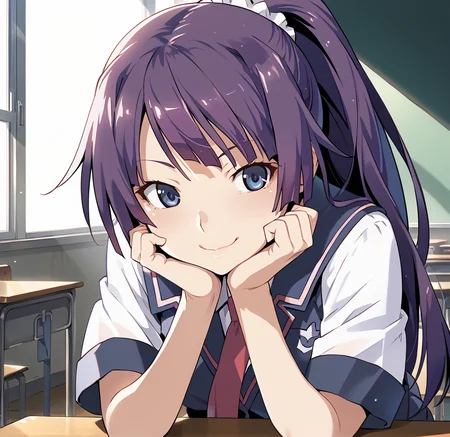 <lora:watanabe_akio:1>
score_9, score_8_up, score_7_up, score_6_up, 
watanabe akio, 1girl, solo,senjougahara hitagi, long hair, bangs, ponytail, sidelocks, scrunchie, blue eyes, purple hair, skirt, thighhighs, school uniform, necktie, black thighhighs, zettai ryouiki, naoetsu high school uniform, indoors, classroom,narrowed eyes,(upper body,closed mouth,face focus,close-up,smile:1.3)