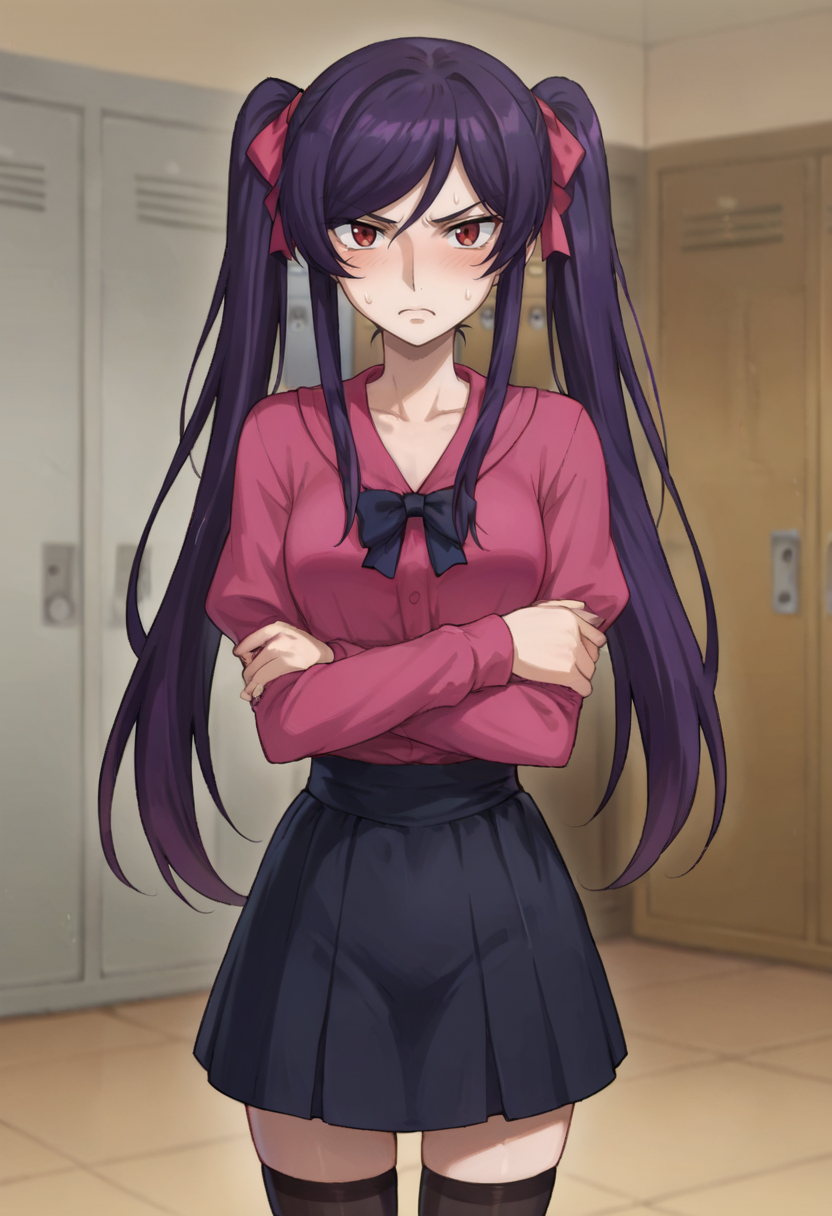 score_9,score_8_up,score_7_up,anime coloring BREAK source_anime,anime,<lora:Tieria_Erde_cross_dressed_Gundam_00_Pony:0.7>,tieriacd,1other,solo,red eyes,purple hair,long hair,crossdressing,angry,blush,crossed_arms,locker room,<lora:jirai kei_pony_V1.0:1>,jirai kei,black hair,bow,twintails,pink shirt,black skirt,thighhighs,