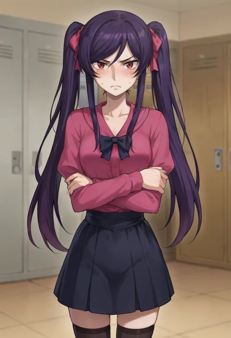 score_9,score_8_up,score_7_up,anime coloring BREAK source_anime,anime,<lora:Tieria_Erde_cross_dressed_Gundam_00_Pony:0.7>,tieriacd,1other,solo,red eyes,purple hair,long hair,crossdressing,angry,blush,crossed_arms,locker room,<lora:jirai kei_pony_V1.0:1>,jirai kei,black hair,bow,twintails,pink shirt,black skirt,thighhighs,