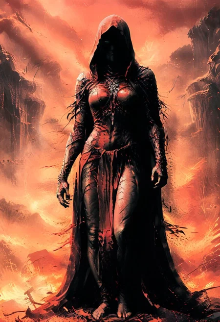 Photo, A dark angel of the Elden Ring lost chapel in a blood-red cloak, ais-darkpartz, stands before a great ancient elden eldritch, maintaining the integrity of the time loop itself<lora:xl_more_art-full_v1:0.3> <lora:sdxl_lora_beksinski-000018:0.5>, Demon_Calavera, sky a hellish style-nebmagic,