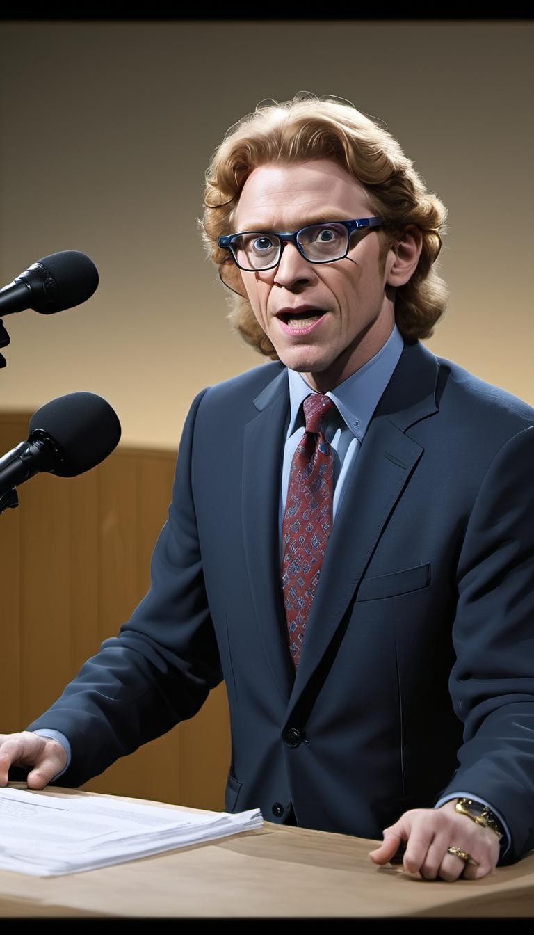 <lora:Everly Heights TaleSpinner:1> (A PaulDaFoe man:1.2) in the Stable DiNEWSion news set as he delivers the news to the camera.