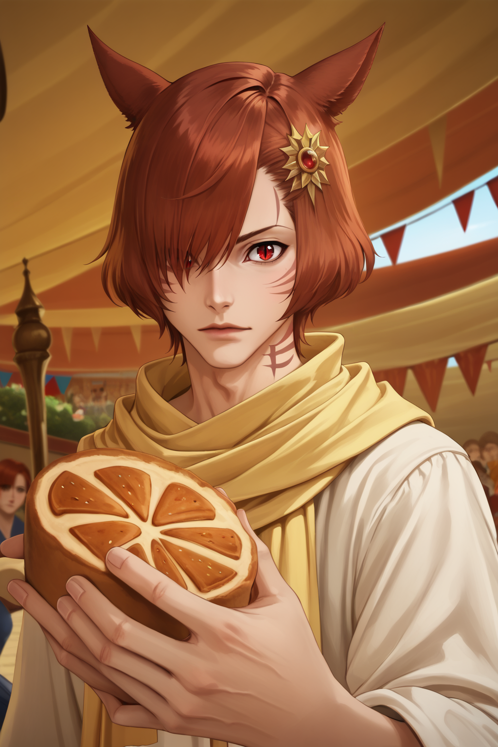 hyperrealistic mixed media image of unimaginable dwntrilffxivpdxl, fsolo, looking at viewer, short hair, bangs, brown hair, hair ornament, red eyes, 1boy, hat, holding, animal ears, upper body, male focus, red hair, outdoors, food, cat ears, scarf, hair over one eye, tattoo, facial mark, holding food, slit pupils, portrait, androgynous, headwear removed, hat removed, miqo'te, holding hat, cat boy, neck tattoo, masterpiece, official art, best quality, cinematic angle, PonyXLV6_Scores, <lora:FFXIV-DAWNTRAILPDXL:1>