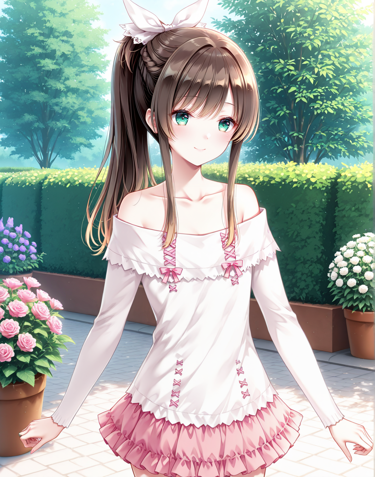 masterpiece,best quality,newest,absurdres,highres,soft shadows,year2024,mutou kurihito,(kimishima ao:0.7),(hiten \(hitenkei\):0.4),(sheya:0.4),
misaki4 (\ensemble\),1girl,ponytail,pink bow,white ribbon,brown hair,green eyes,<lora:misaki4in1XLNAI:1>smile,
<lora:misakioffXLNAI:1>,offshirt,off-shoulder shirt,collarbone,microskirt,pink skirt,layered skirt,
standing,garden,